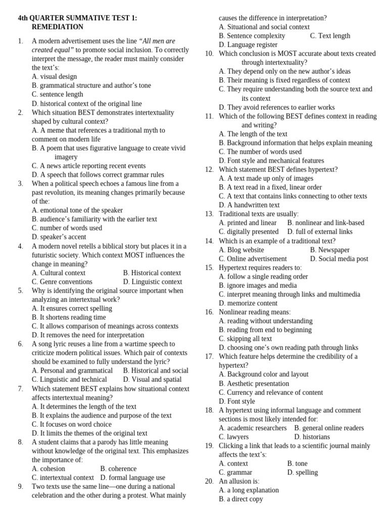 4th Quarter Summative Test 1 | PDF | Intertextuality | Human Communication