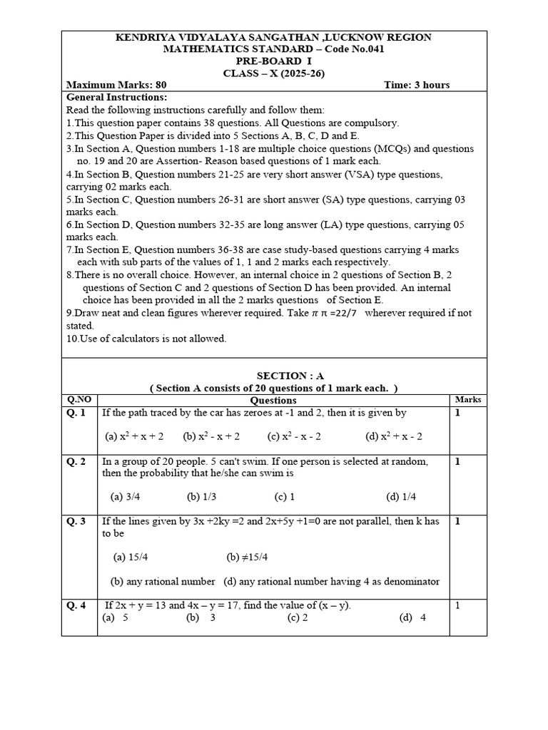 X Maths Standard QP 1 | PDF | Circle | Equations