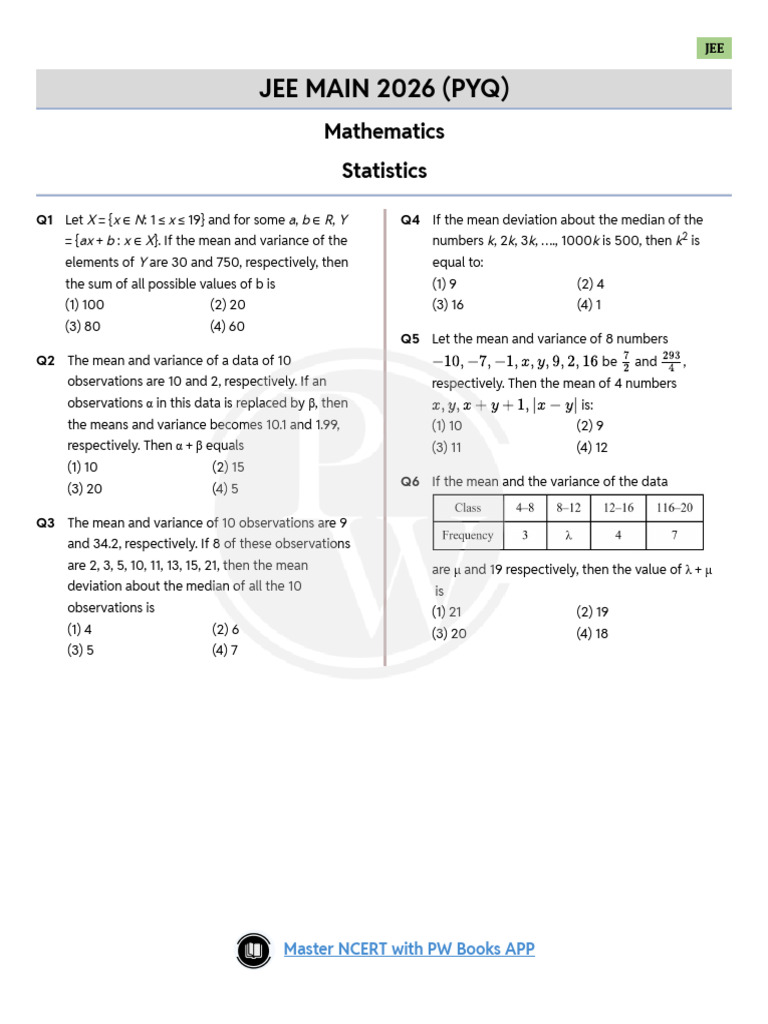 JEE Main 2026 Qs Statistics | PDF | Variance | Analysis