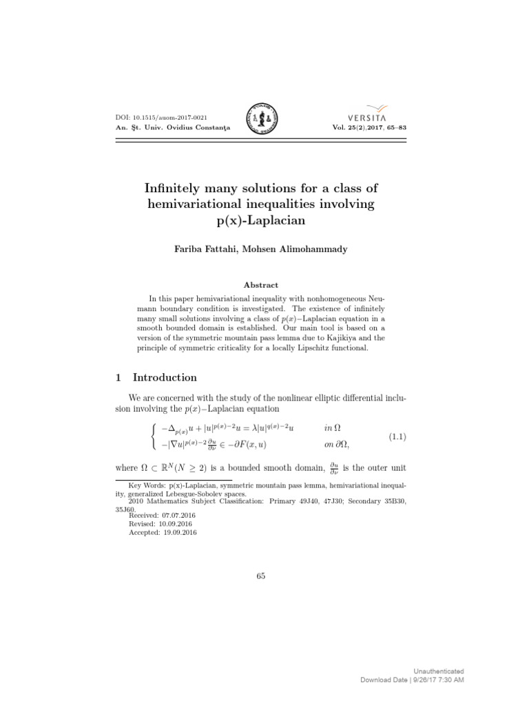 Infinitely Many Solutions for a Class of Hemivariational Inequalities ...