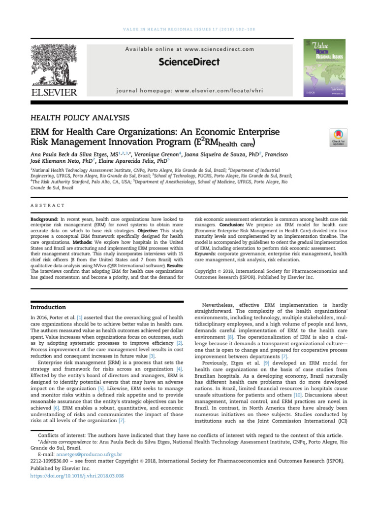 2018_ERM for Health Care Organizations; An Economic Enterprise Risk ...