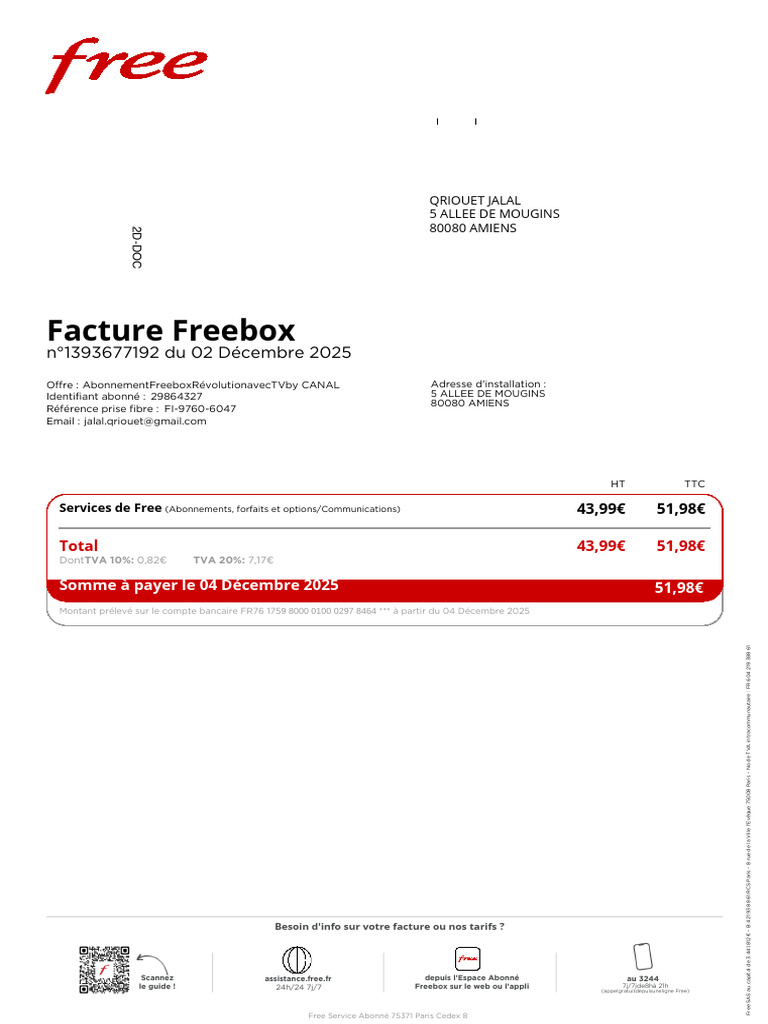 Facture Free 202507 29864327 1393677192. | PDF | Télécommunications ...