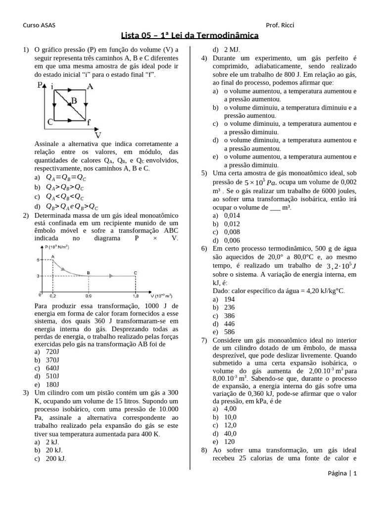 1 Lei Da Termodinâmica | PDF | Gases | Temperatura