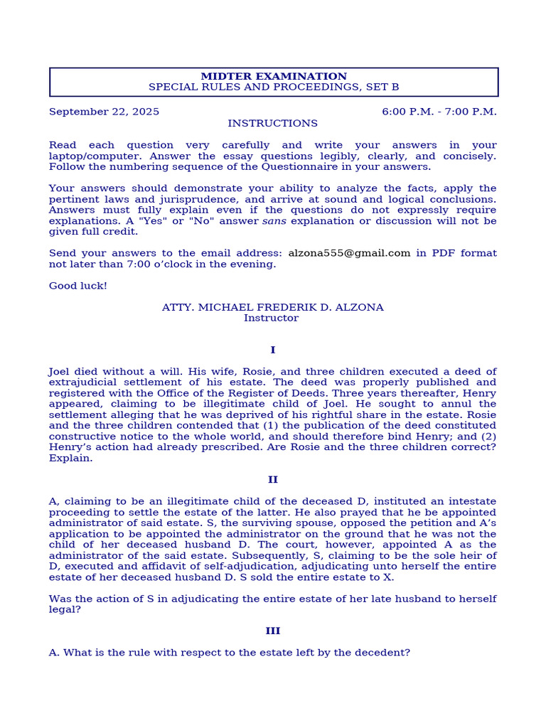 Midterm Examination Special Rules and Proceedings Set B | PDF | Probate ...