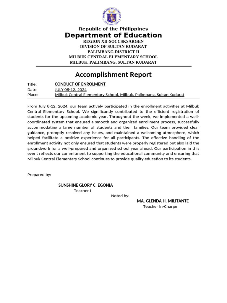 Accomplishment Report ENROLMENT | PDF