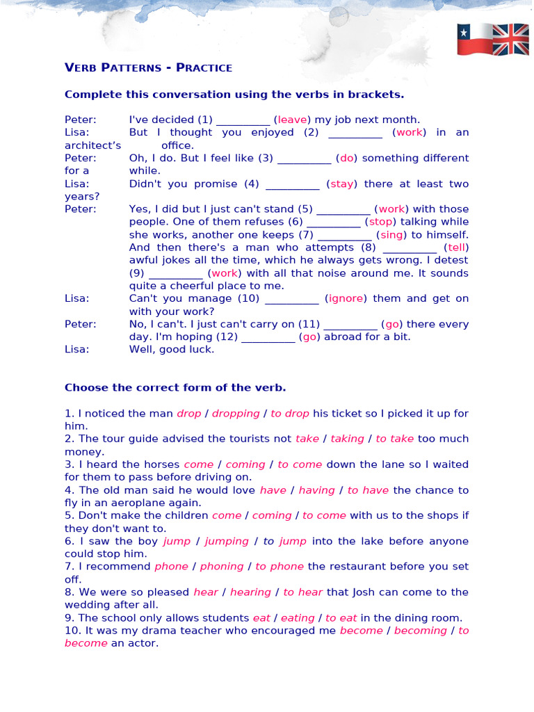 Verb Patterns Practice | PDF