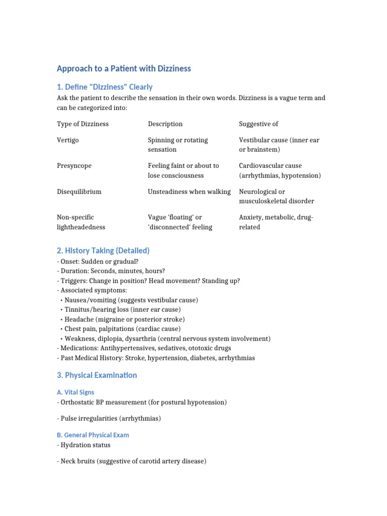 Approach To Dizziness | PDF | Vertigo | Human Diseases And Disorders