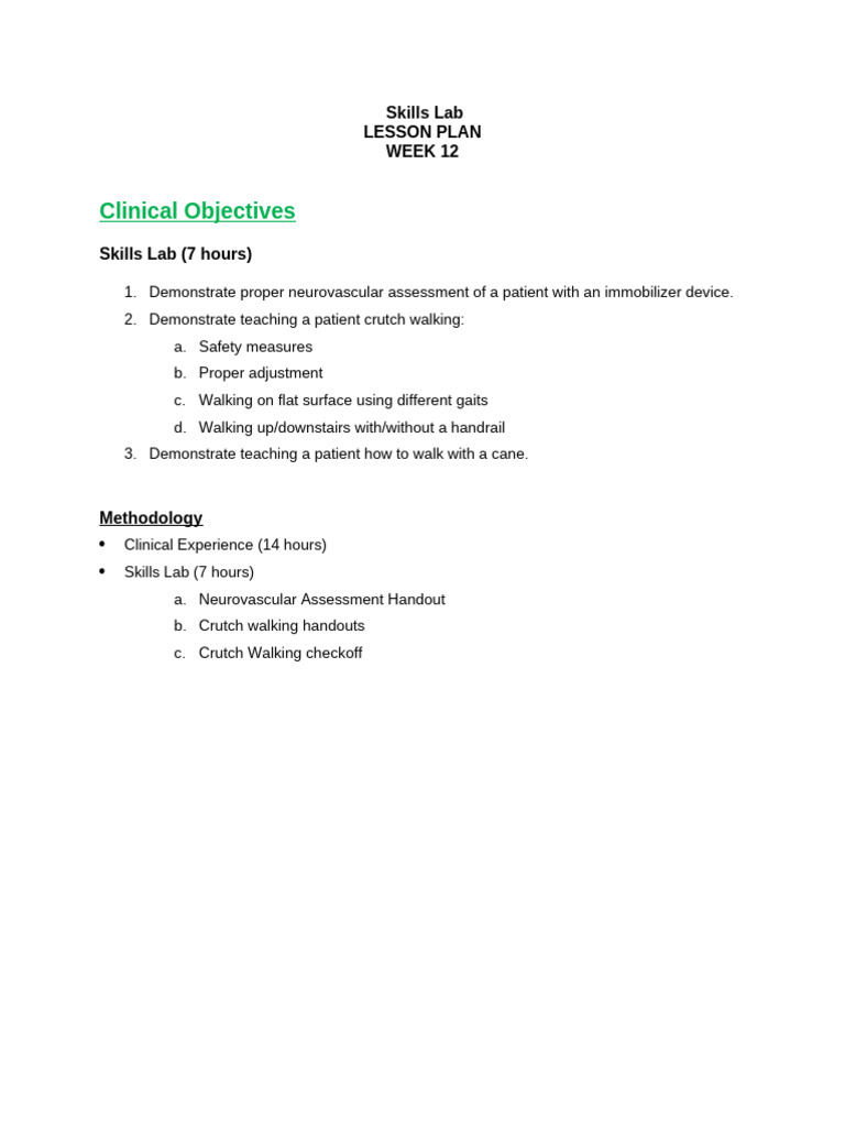 Lesson Plan - Clinical and Skills Lab | PDF