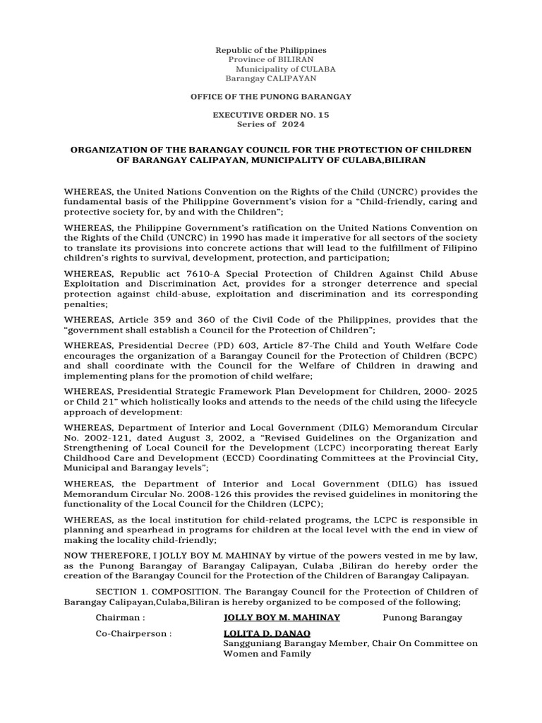 EO - Barangay Council For The Protection of Children (BCPC) | PDF ...