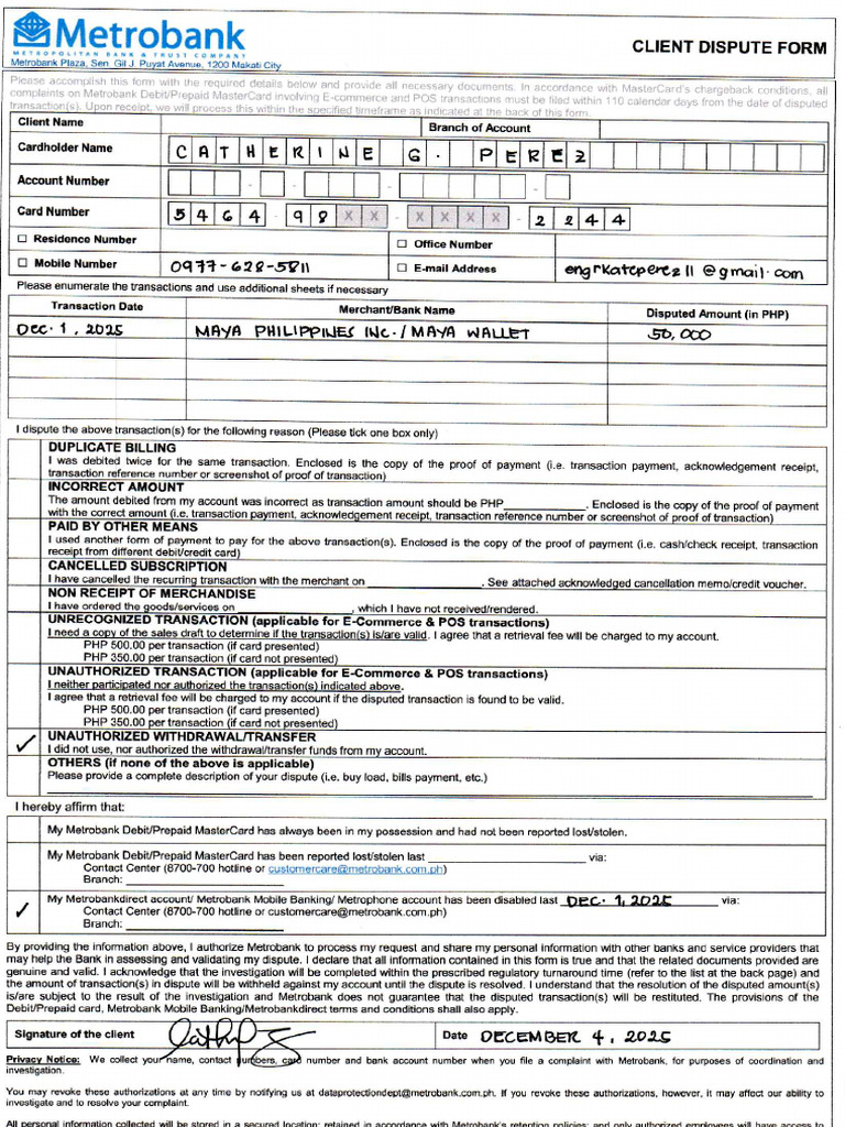 Metrobank Dispute Form | PDF