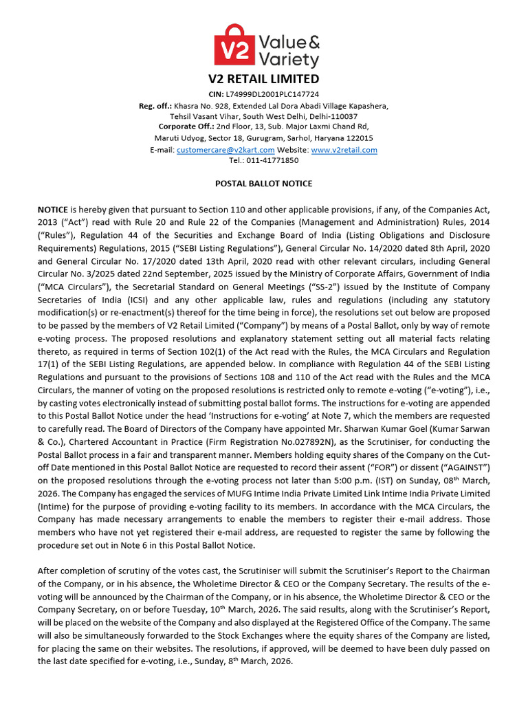 V2 Retail Limited Postal Ballot Notice | PDF | Electronic Voting | Password