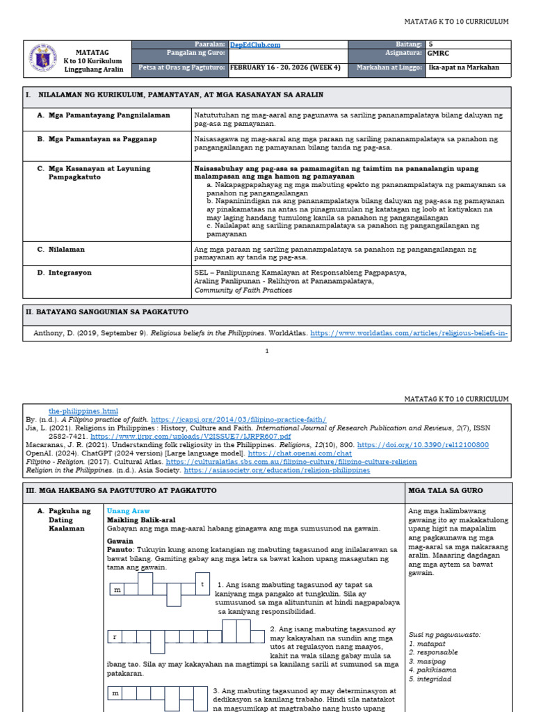 DTC - DLL Matatag - GMRC 5 q4 w4 Quarter 4 | PDF