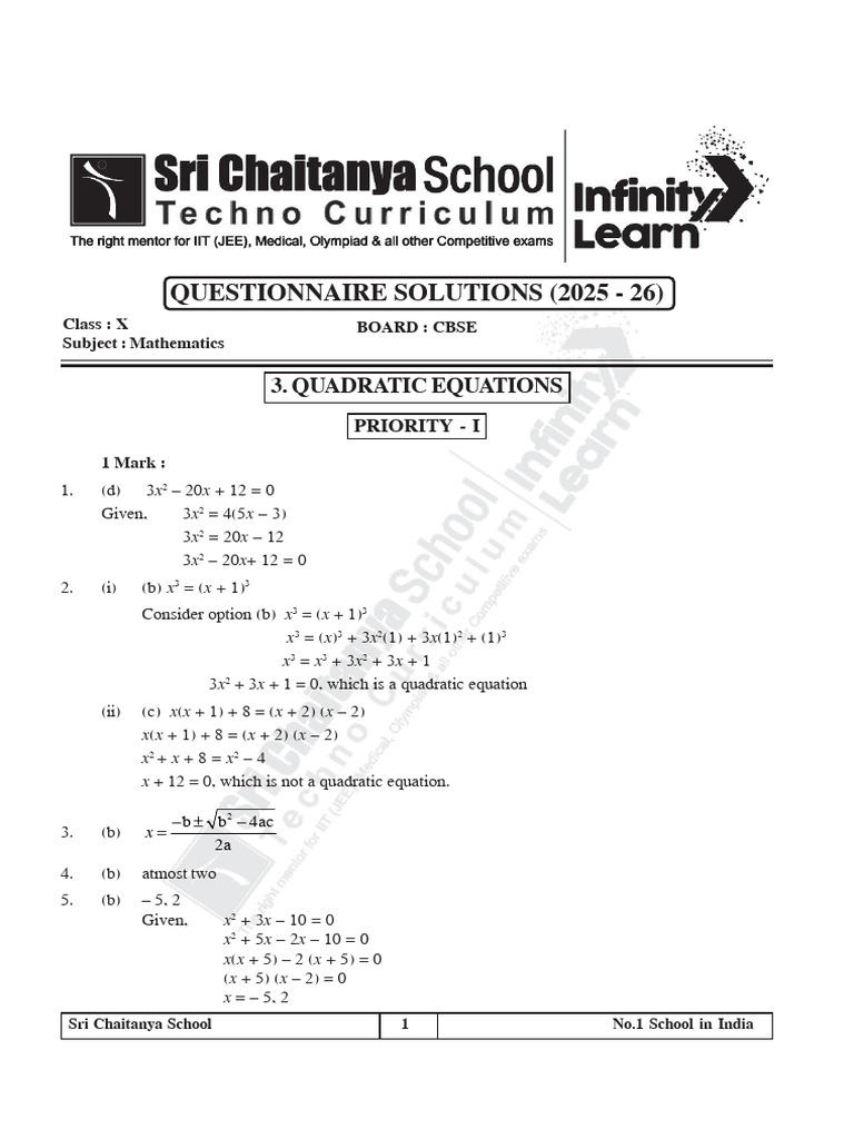 Cbse Math Ph - i Questionnaire Solutions (3. Quadratic Equations) | PDF ...