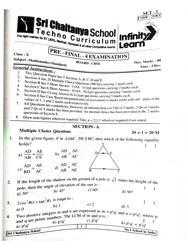 Pre -Final Maths Paper (Set-1) | PDF