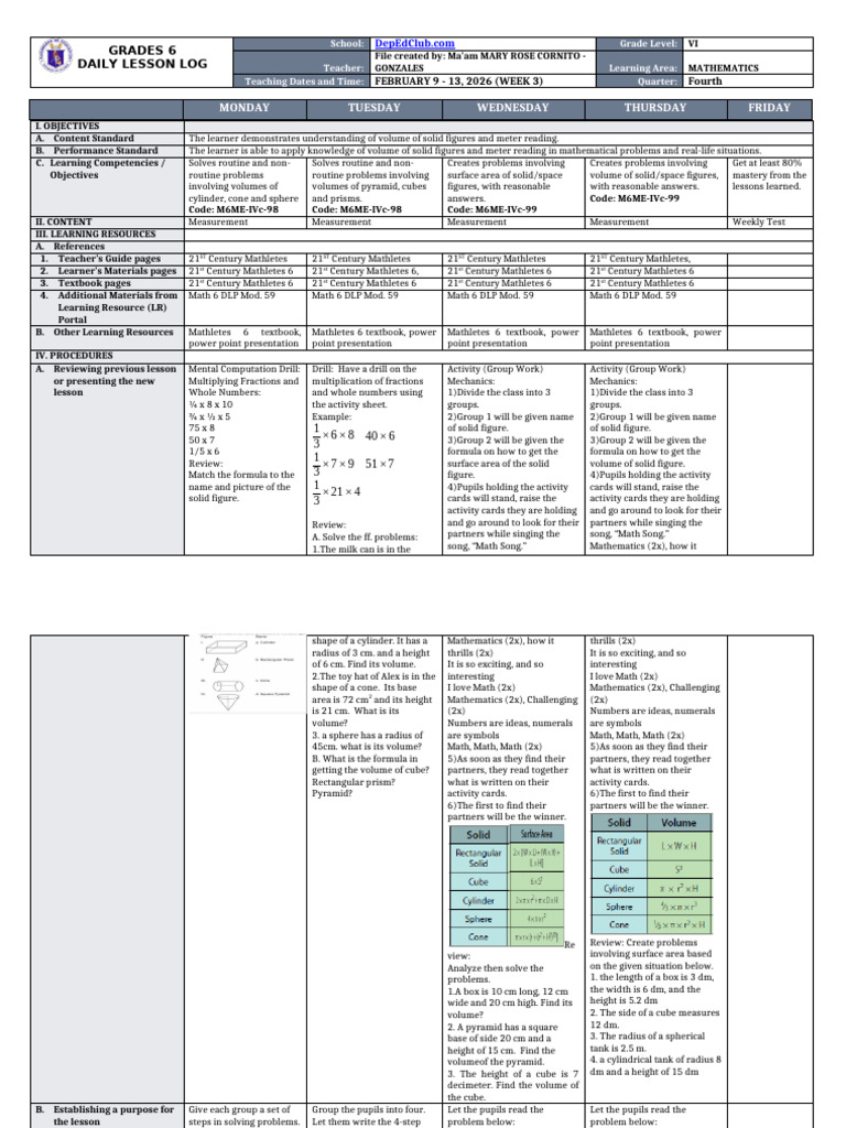 DTC - DLL - MATHEMATICS 6 - Q4 - W3 v2 | PDF | Volume | Area
