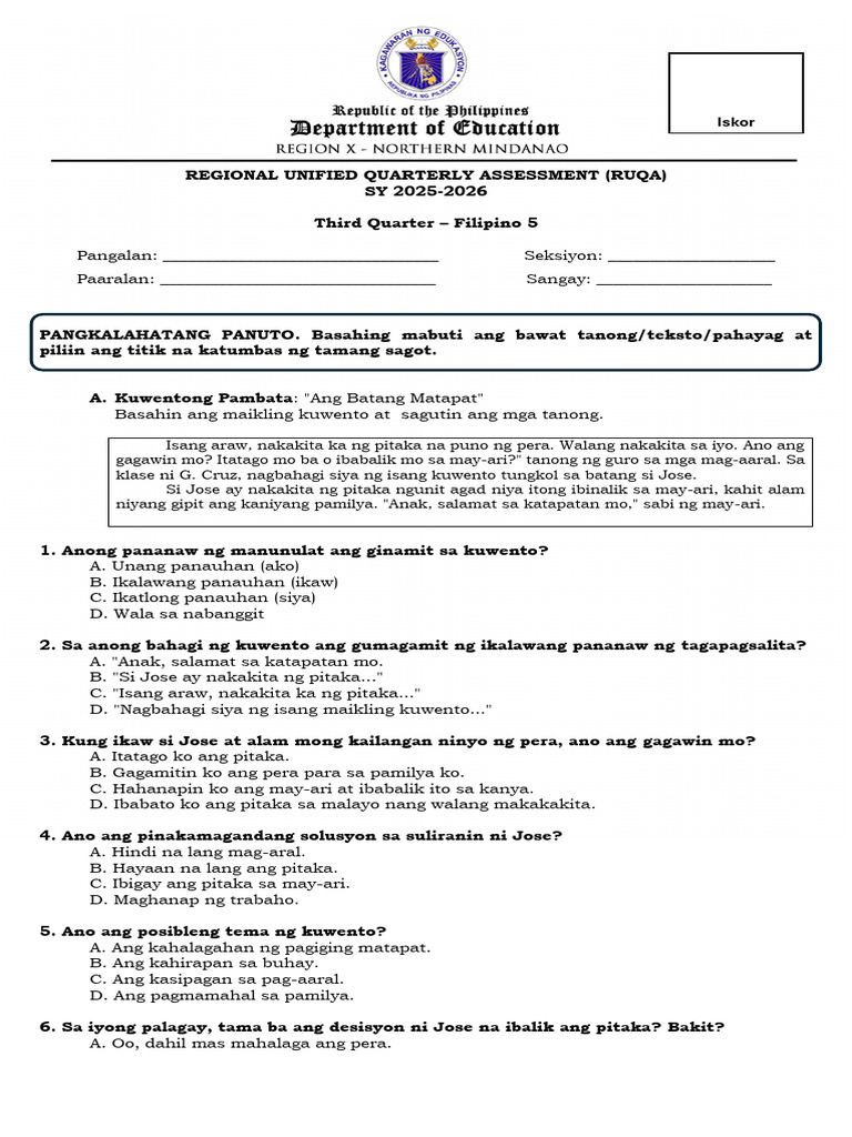 Filipino 5 - RUQA - Q3 | PDF