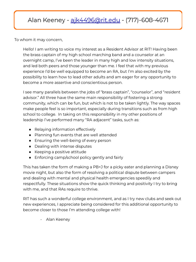 Cover Letter For RA! | PDF