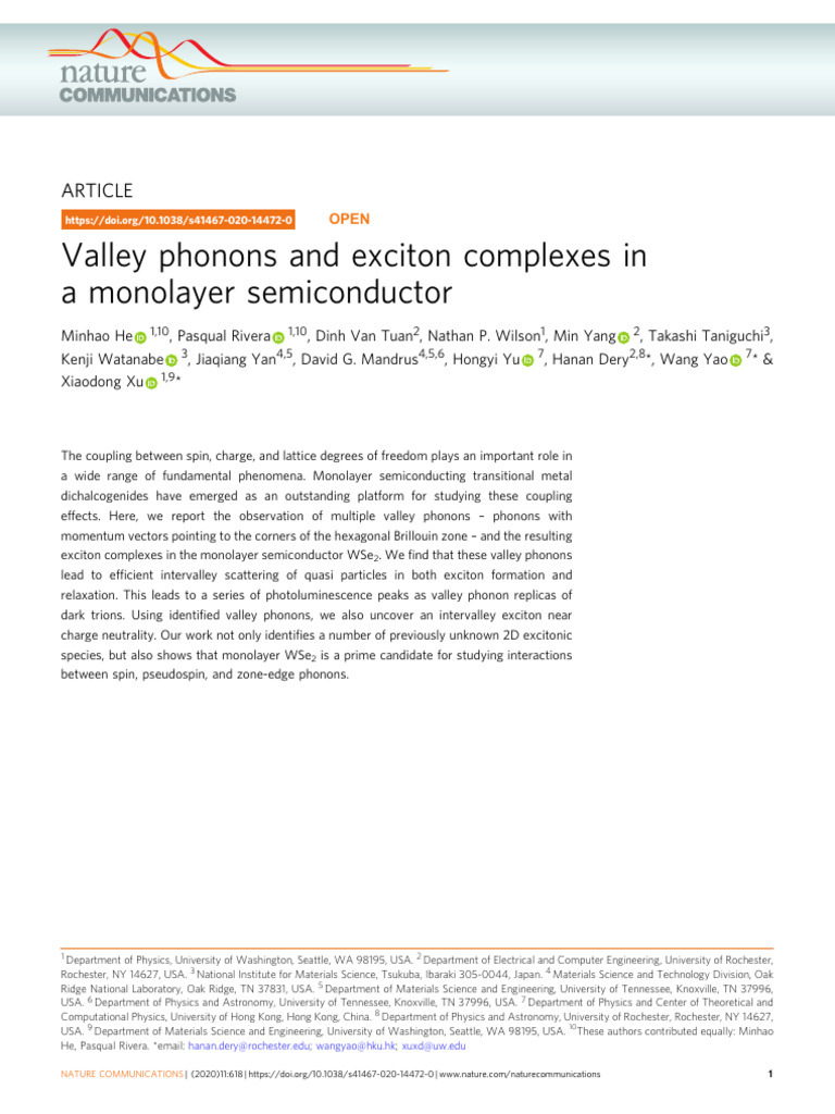 2020 He Nature Comm Valley Phonons and Exciton Complexes In | PDF ...