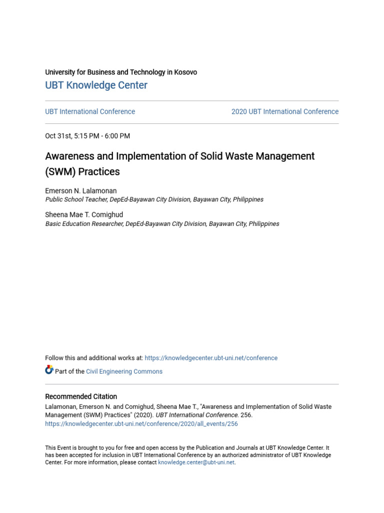 Awareness and Implementation of Solid Waste Management (SWM) Prac | PDF ...