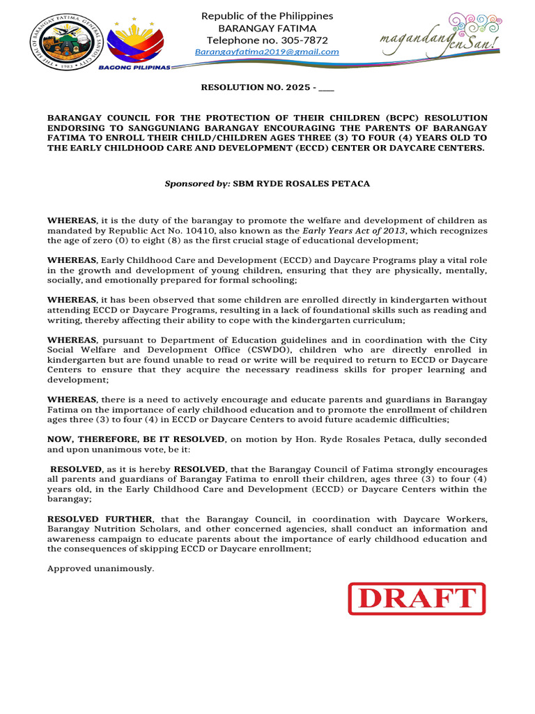 Resolution on Enrolling 3-4 Years Old on Daycare | PDF | Child Care ...