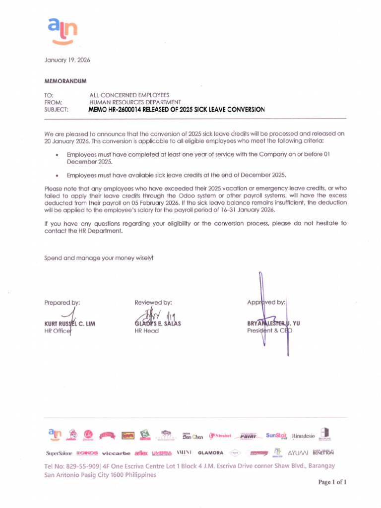 Memo Hr-2600014 Released of 2025 Sick Leave Conversion | PDF