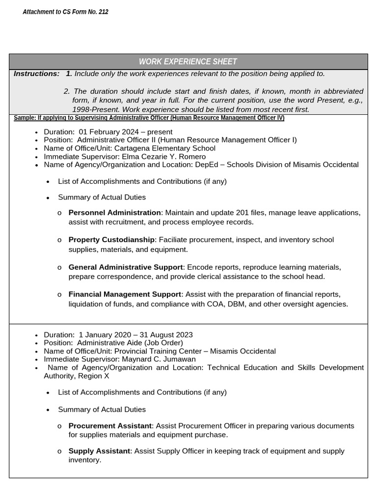 ANNEX H 2 CS Form No. 212 Attachment Work Experience Sheet | PDF ...