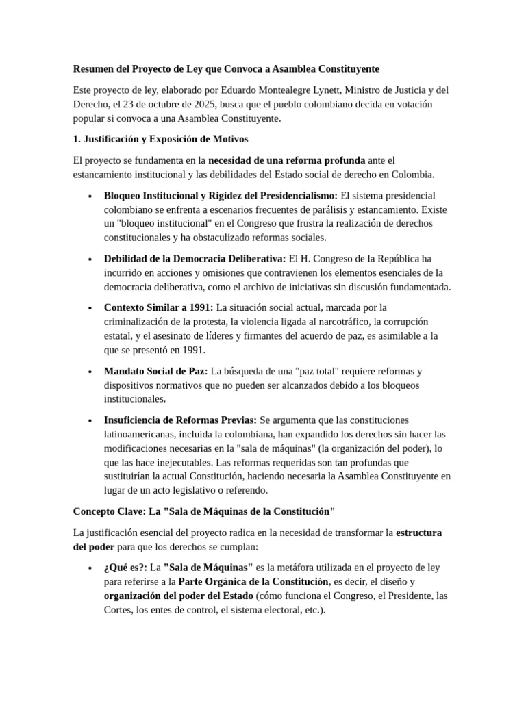 Resumen Del Proyecto de Ley Que Convoca a Asamblea Constituyente | PDF ...