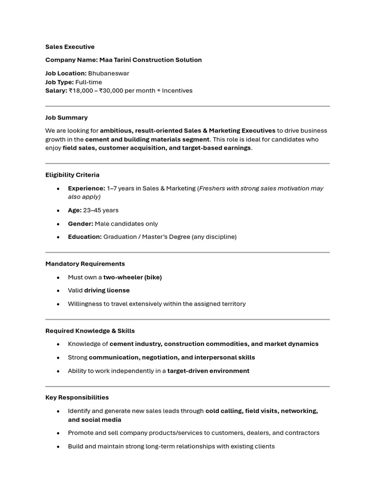 Job Description - Sales Executive | PDF | Sales | Marketing