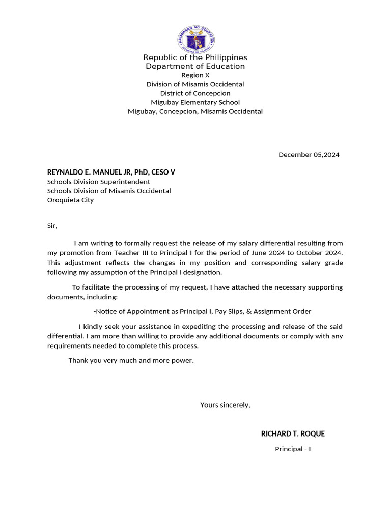 Letter Request To Claim Salary Differential | PDF