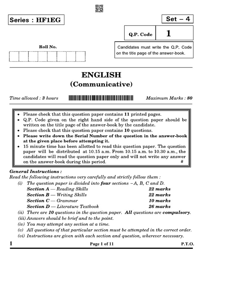 CBSE Class 10 English Communicative Question Paper 2025 | PDF