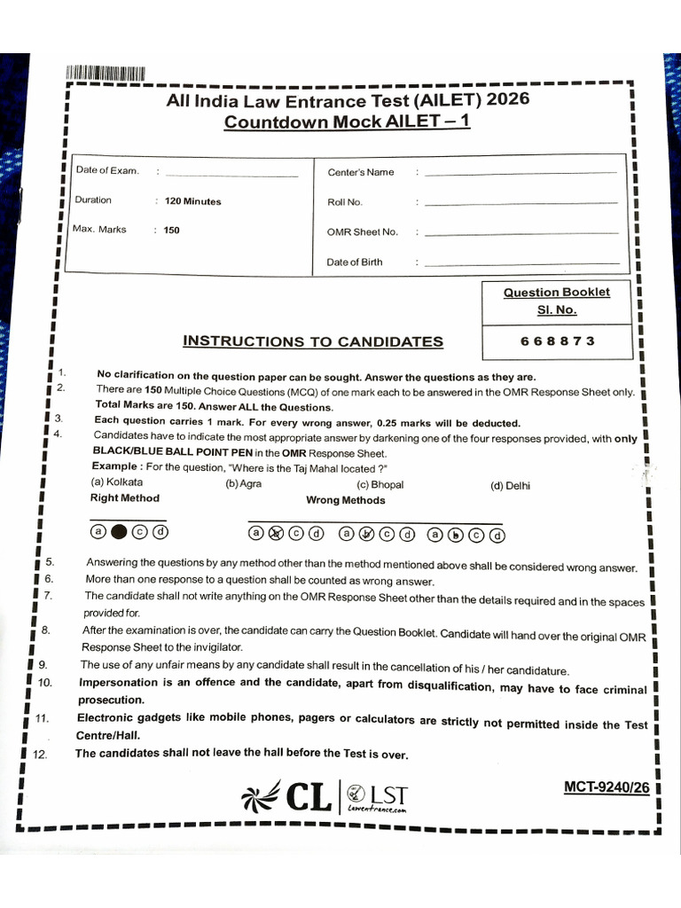 Career Launcher Countdown Mock AILET 2026 1 With Answer Key | PDF