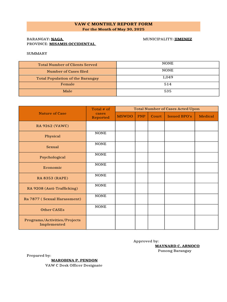 Vaw c Monthly Report Form | PDF