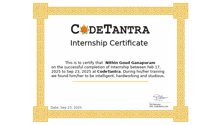 Nithin Goud Ganapuram Intern Certificate | PDF
