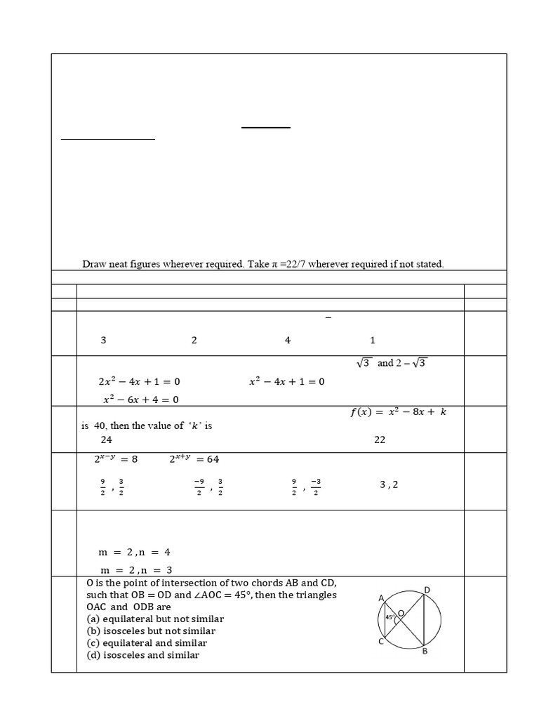 Std.x Maths Standard Qp Code 2 (1) | PDF | Circle | Area