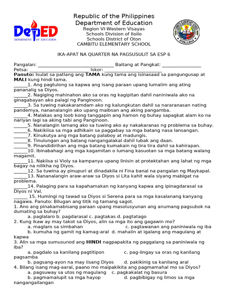 4th Quarter Test in Esp 6 | PDF