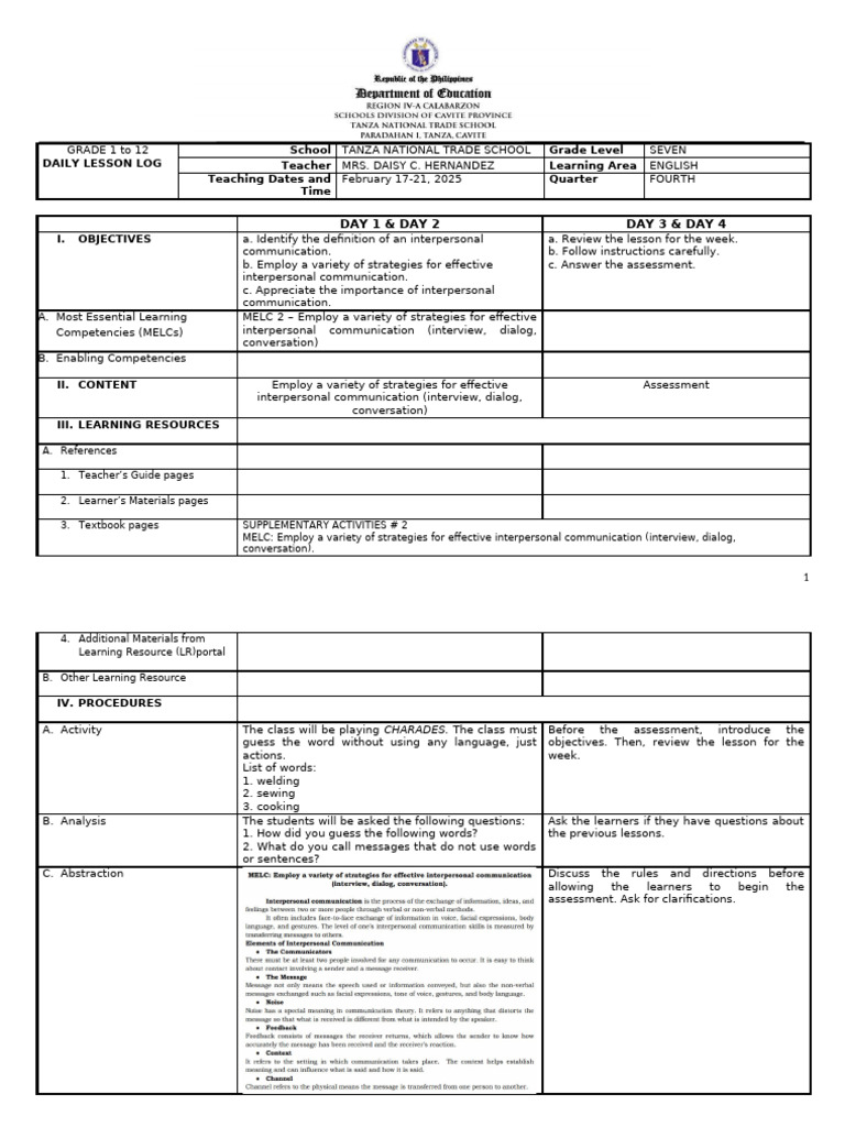 Week 2 4th Quarter Exemplar English | PDF | Communication | Cognition