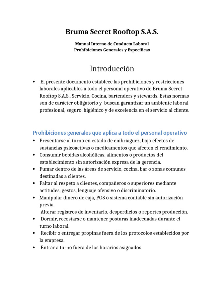 Manual Prohibiciones Bruma Rooftop | PDF | Alimentos | Cocina