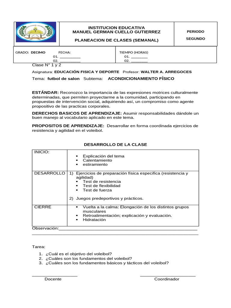 Plan de Clase (Semanal) Decimo Periodo (2do) | PDF | Maestros | Aprendizaje