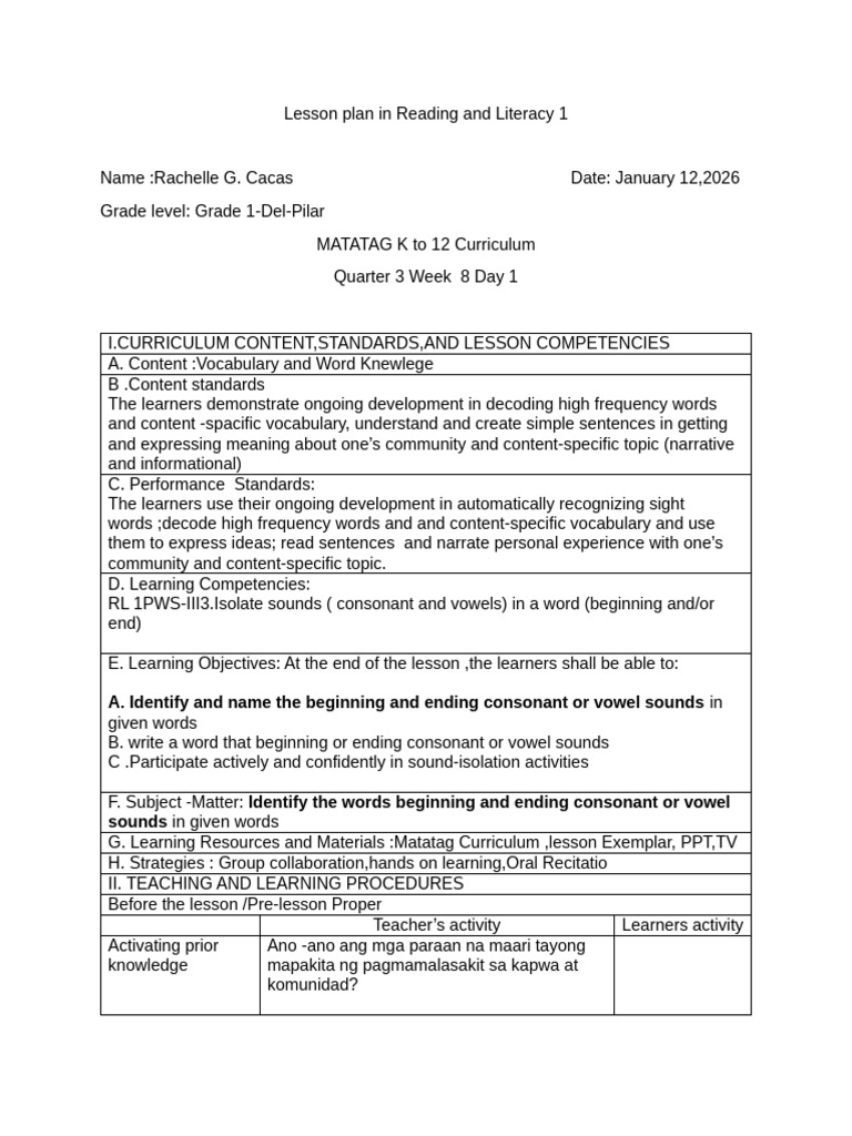Lesson Plan in Reading and Literacy 1day 2 | PDF | Learning | Vocabulary