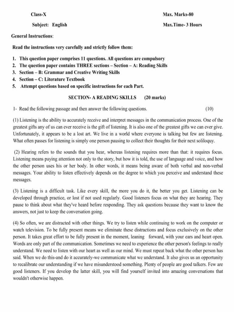 Class X English Practice Paper | PDF