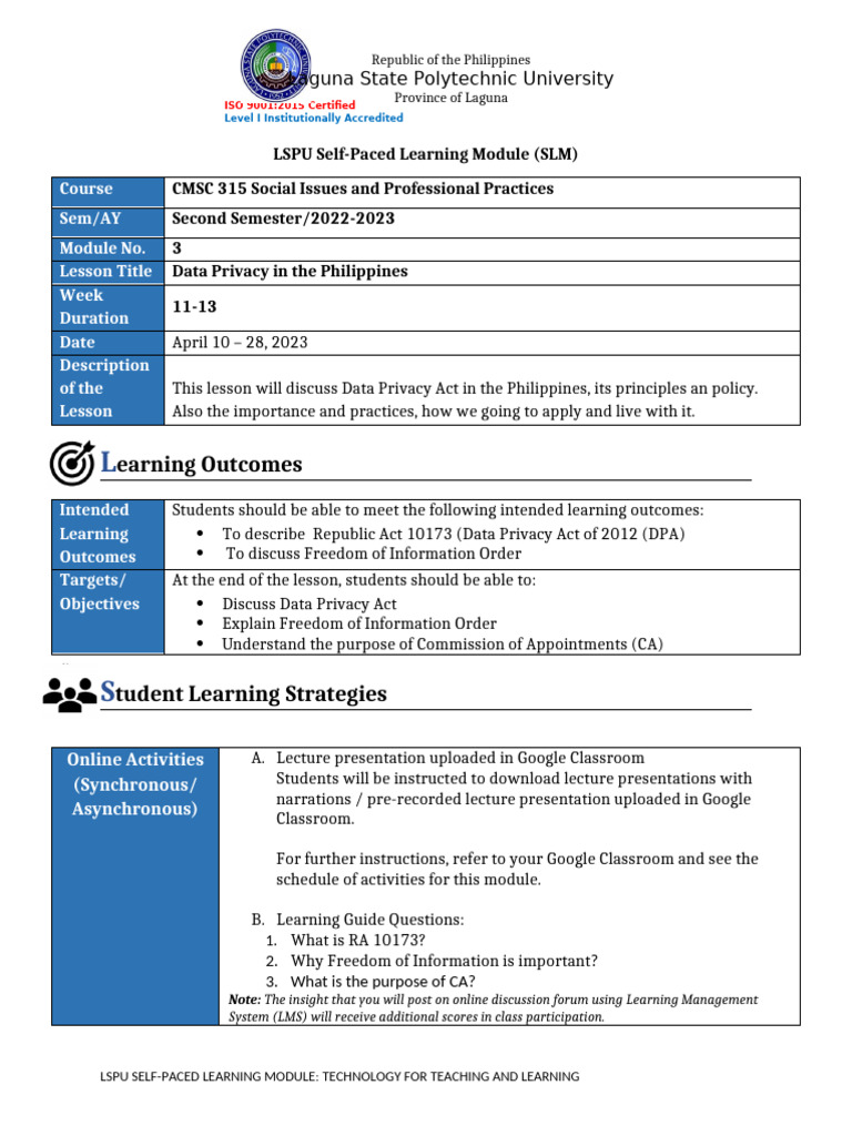 ISLES LSPU Sample Module in CMSC Module 3 | PDF | Privacy | Consent