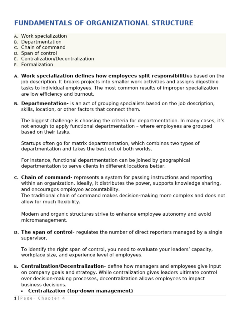 Fundamentals of Organizational Structure - Handout (CH - 4) | PDF ...