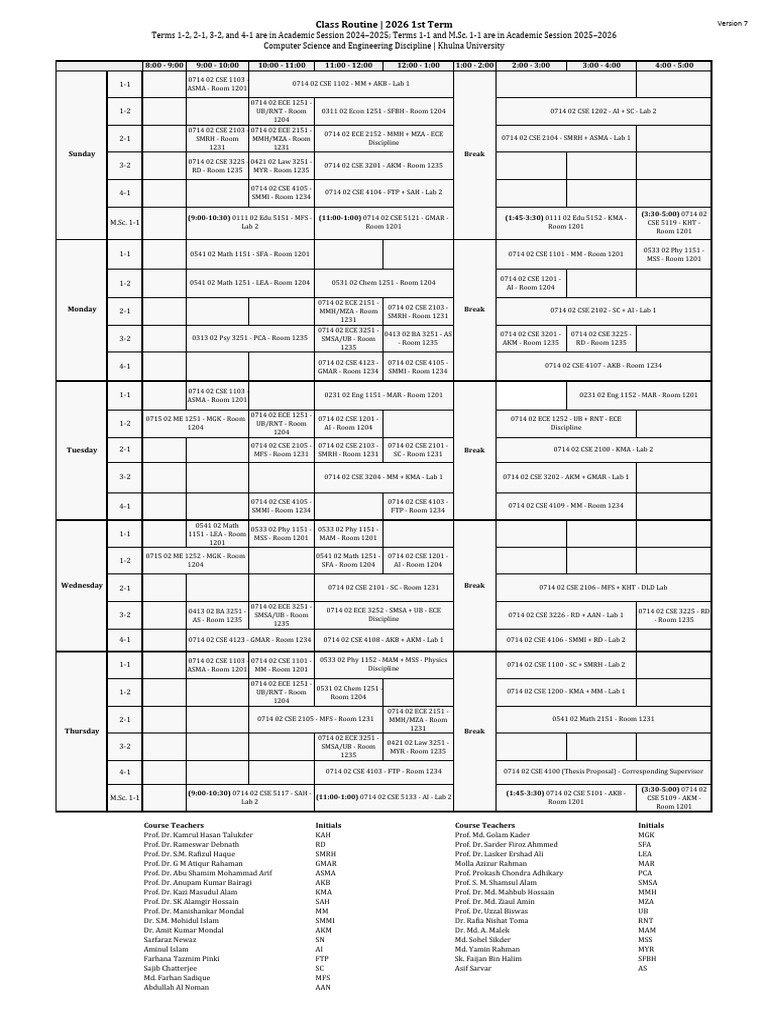 Class Routine CSE KU 2026 Term1 v7 | PDF