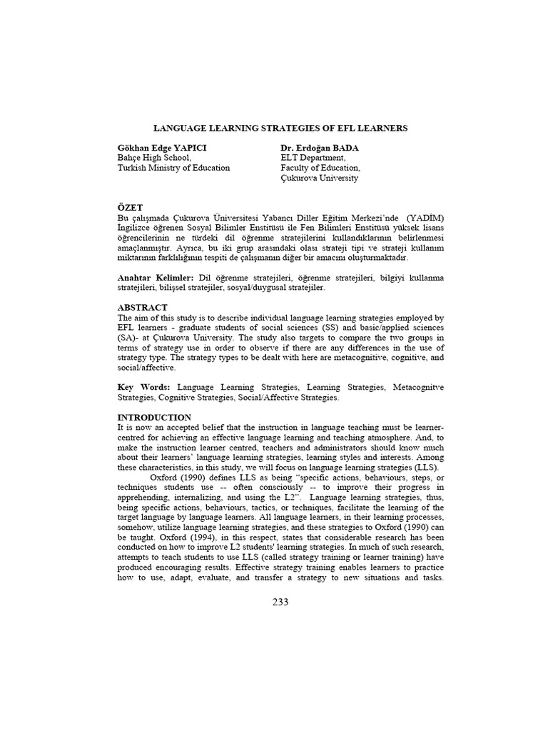 Language Learning Strategies FF EFL Learners (#59782) - 50184 | PDF ...