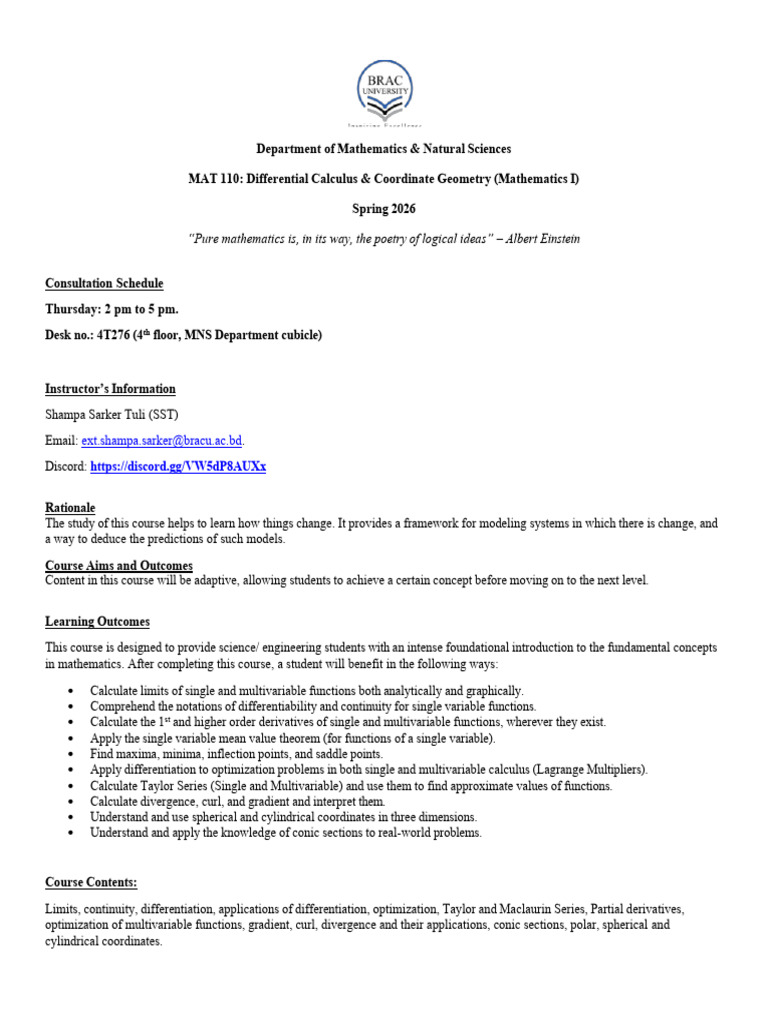 MAT110 Course Outline Spring 2026 | PDF | Derivative | Multivariable ...