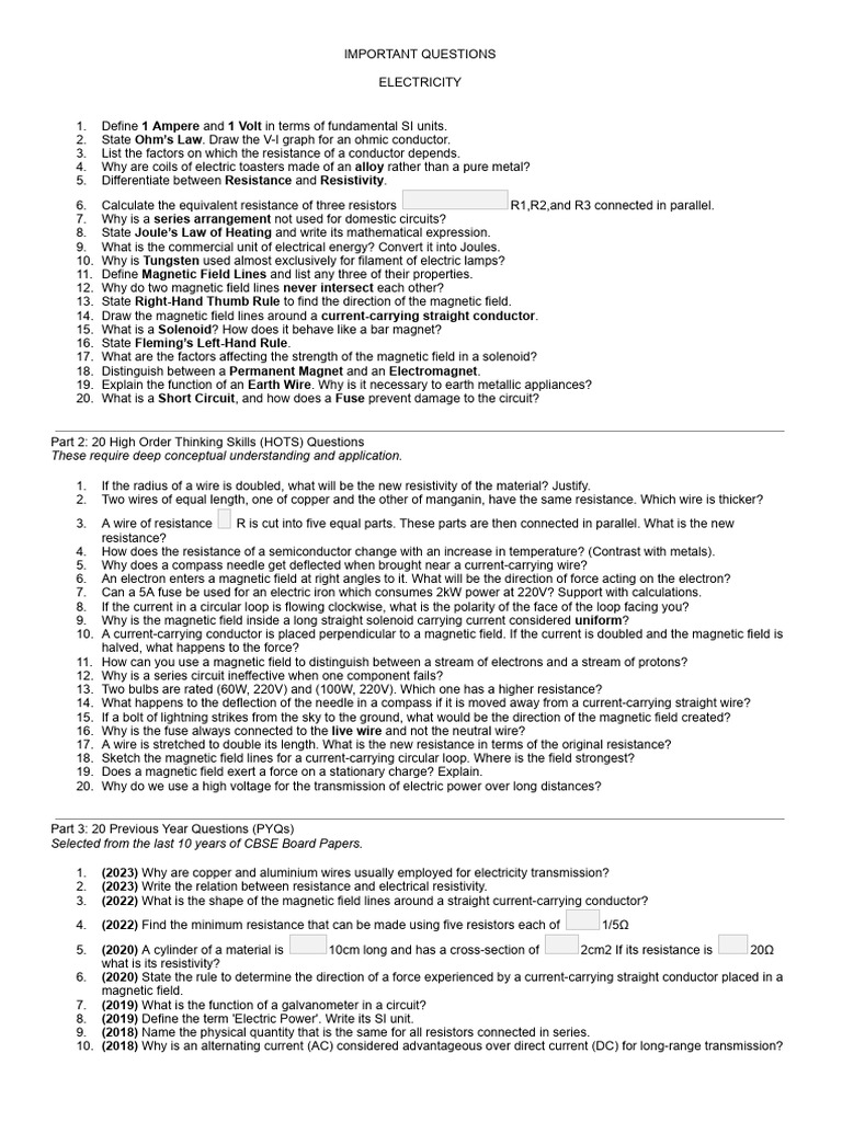 Electricity Most Important Question | PDF | Electrical Resistance And ...