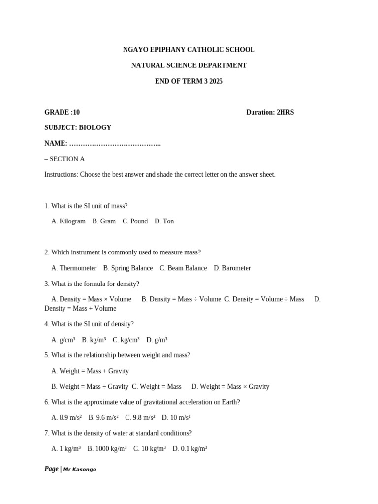 Form 1 Physics End of Term Test | PDF | Accuracy And Precision | Weight