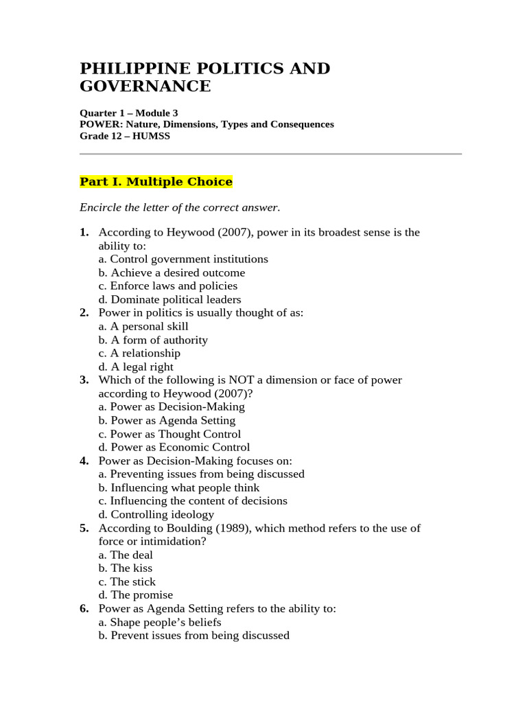 Philippine Politics and Governance Exam | PDF | Decision Making ...
