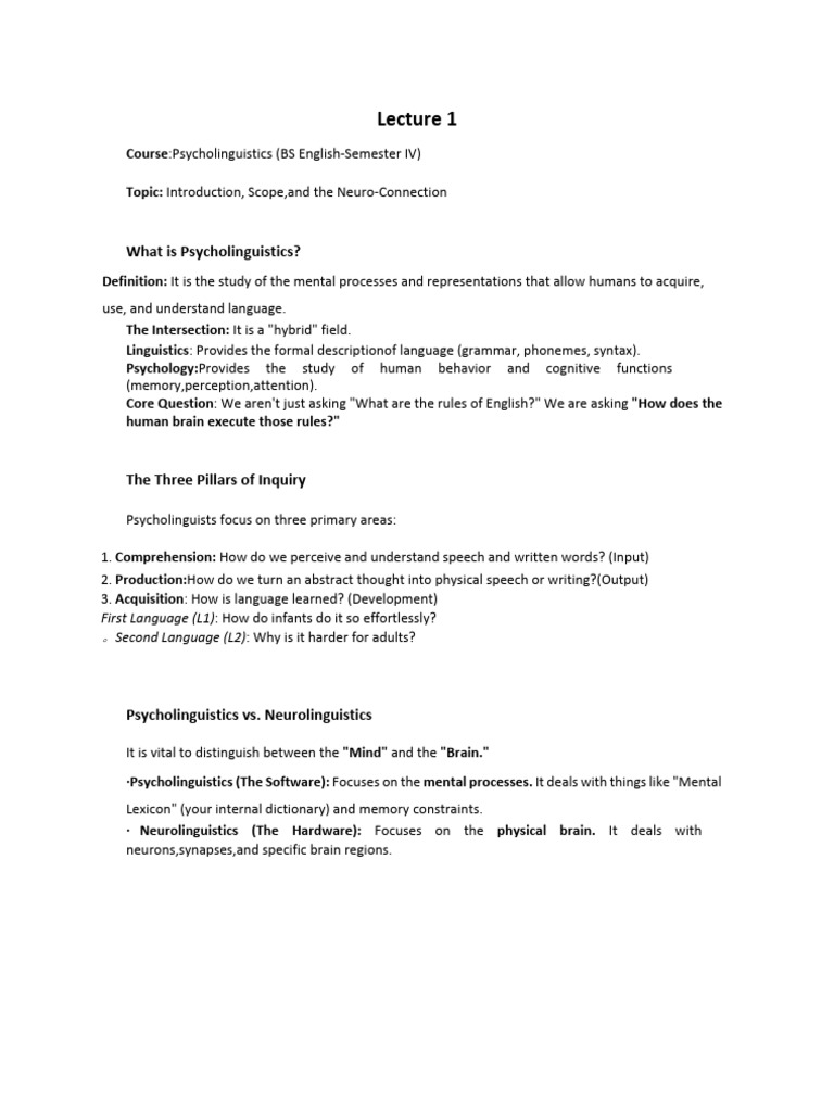 Psycholinguistics Lecture 1 | PDF | Psycholinguistics | Speech