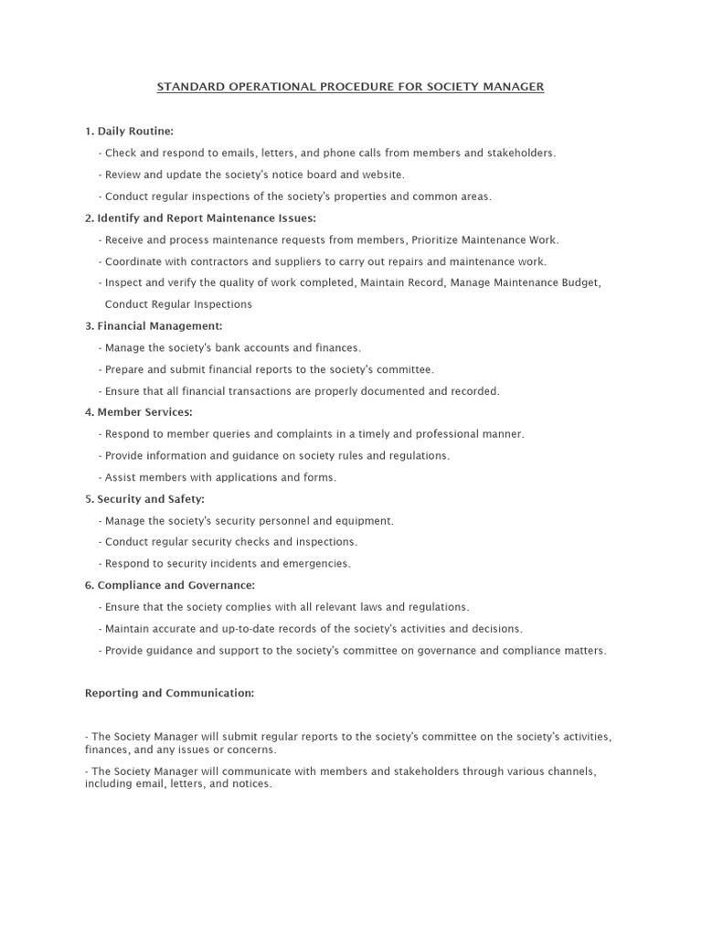 Standard Operational Procedure For Society Manager | PDF